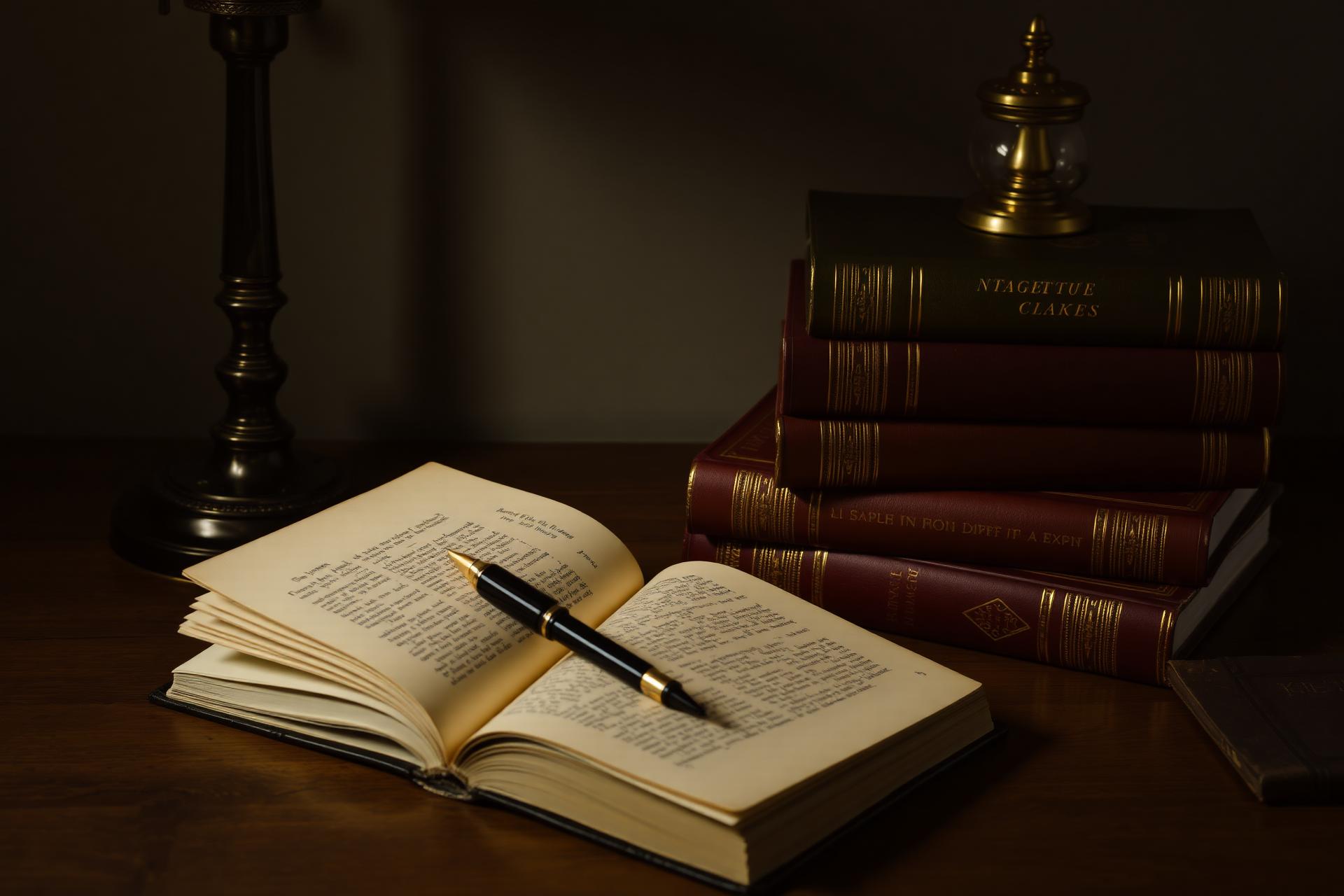 Open book, fountain pen and stacked classics by warm lamp light